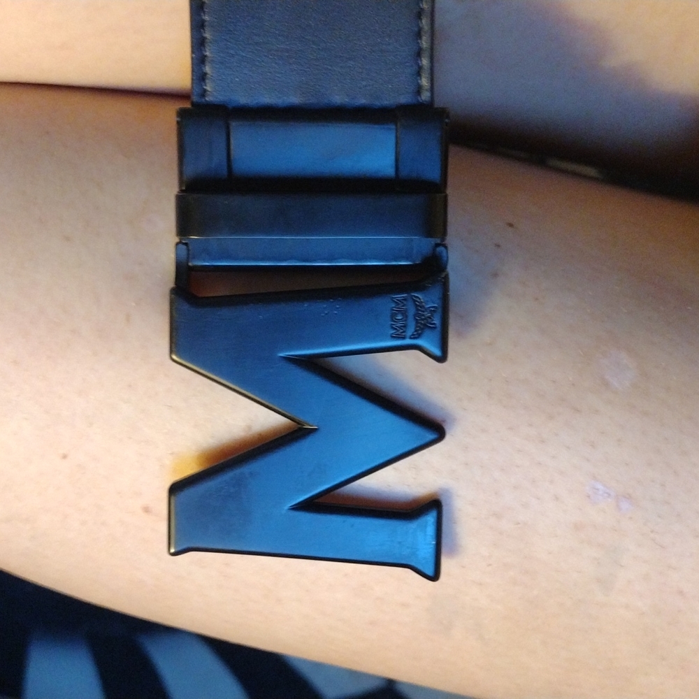 MCM Reversible Leather Belt, Navy Blue & Red with Logo